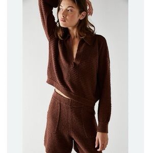 NWT Free People FP Beach Set Brown Knit V-Neck Collar Sweater and Shorts Size S